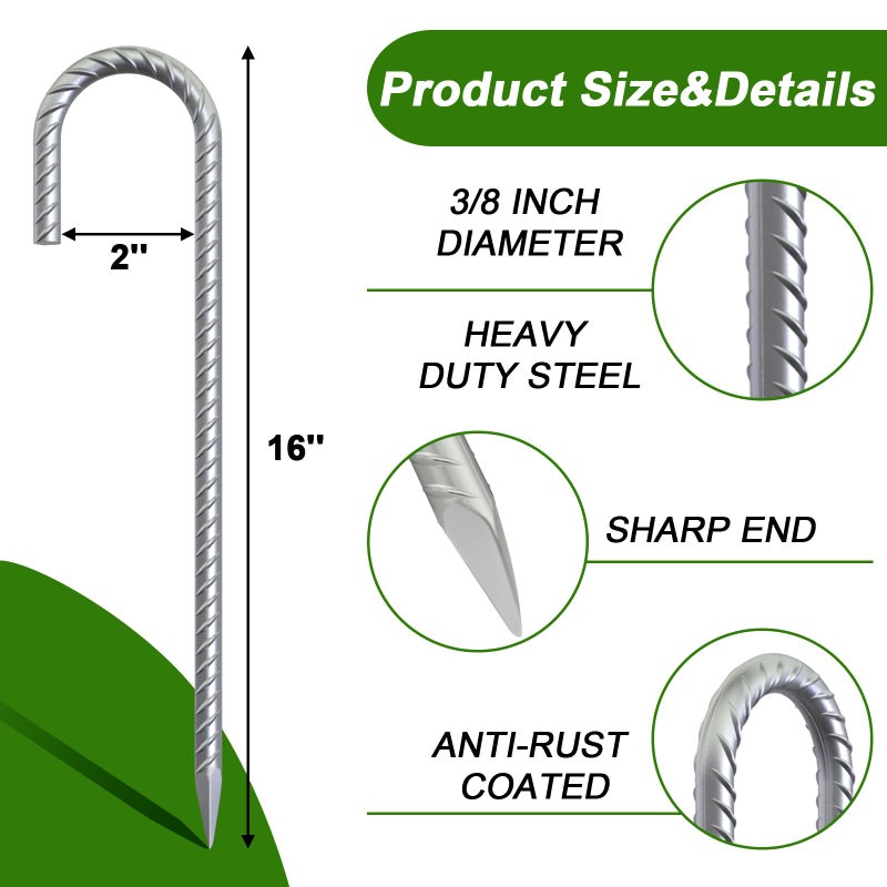 AAGUT Rebar Stakes 16 Inch J Hook Heavy Duty 8 Pack, 3/8 Inch Galvanized Metal Steel Ground Anchors Chain Link Fence Stakes for Camping Tent, Inflatables, Yard Decorations, Canopies & Swing Sets - Image 2